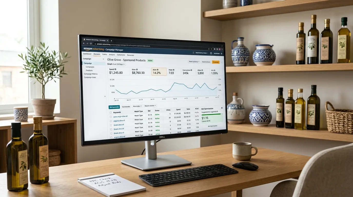 Amazon PPC dashboard split-screen showing AI auto-managed and manual campaign metrics side by side