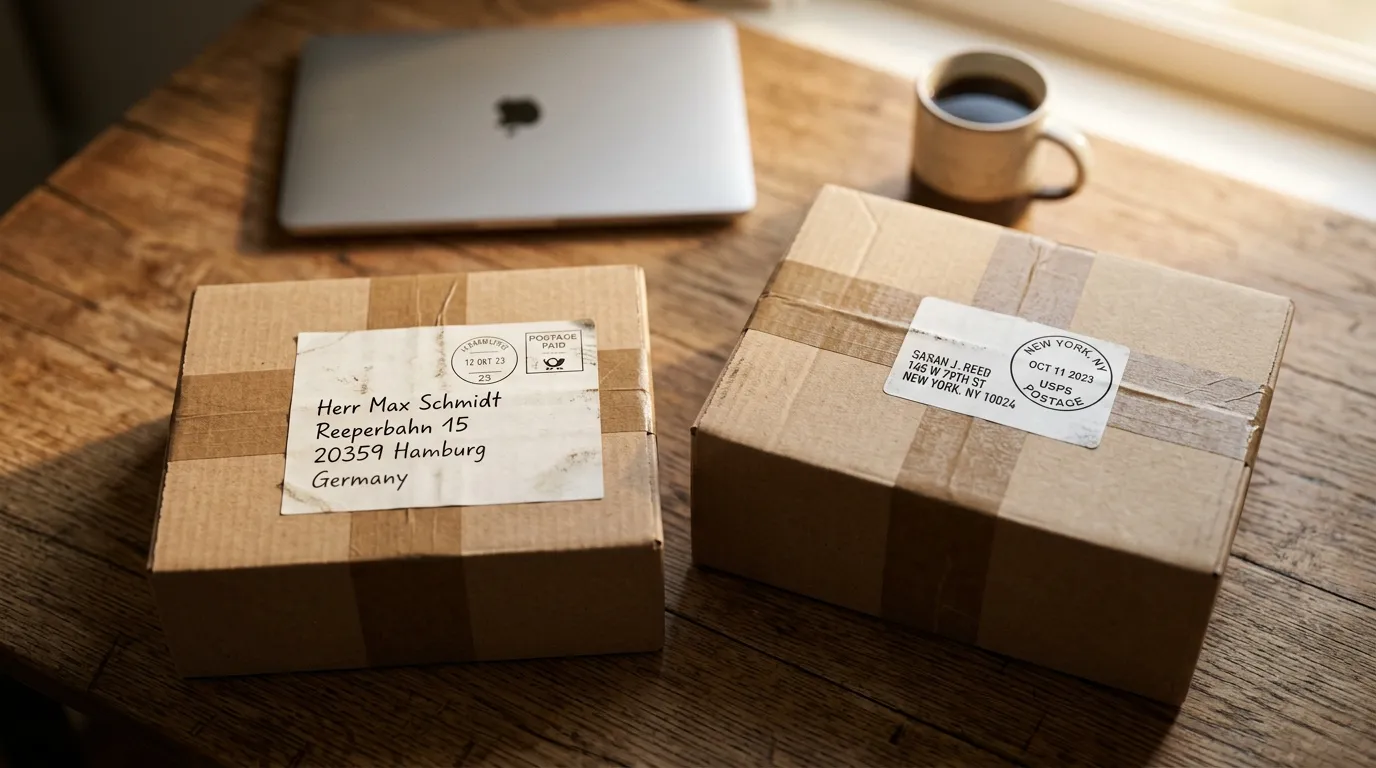 Two shipping packages side by side with German and US address labels — Amazon.de vs Amazon.com comparison
