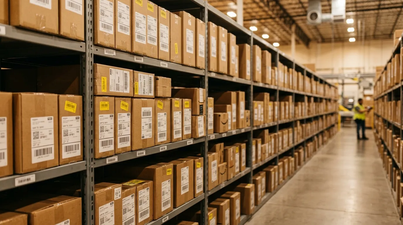 Amazon FBA warehouse with organized inventory shelves and shipping boxes