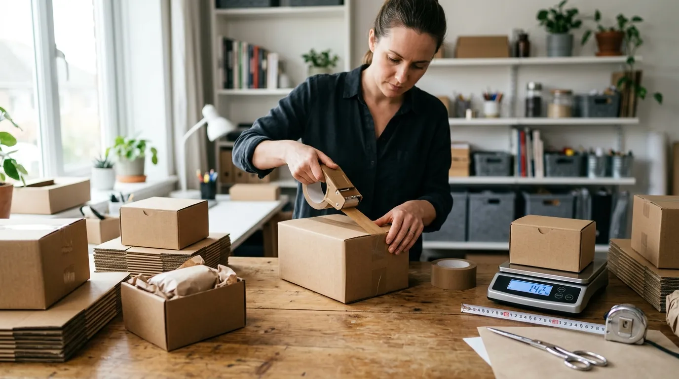 Stack of compact shipping boxes with size tier markings — optimizing FBA shipping costs