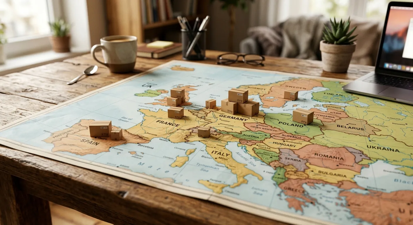Map of Europe with FBA warehouse locations — Pan-EU vs EFN vs NARF comparison