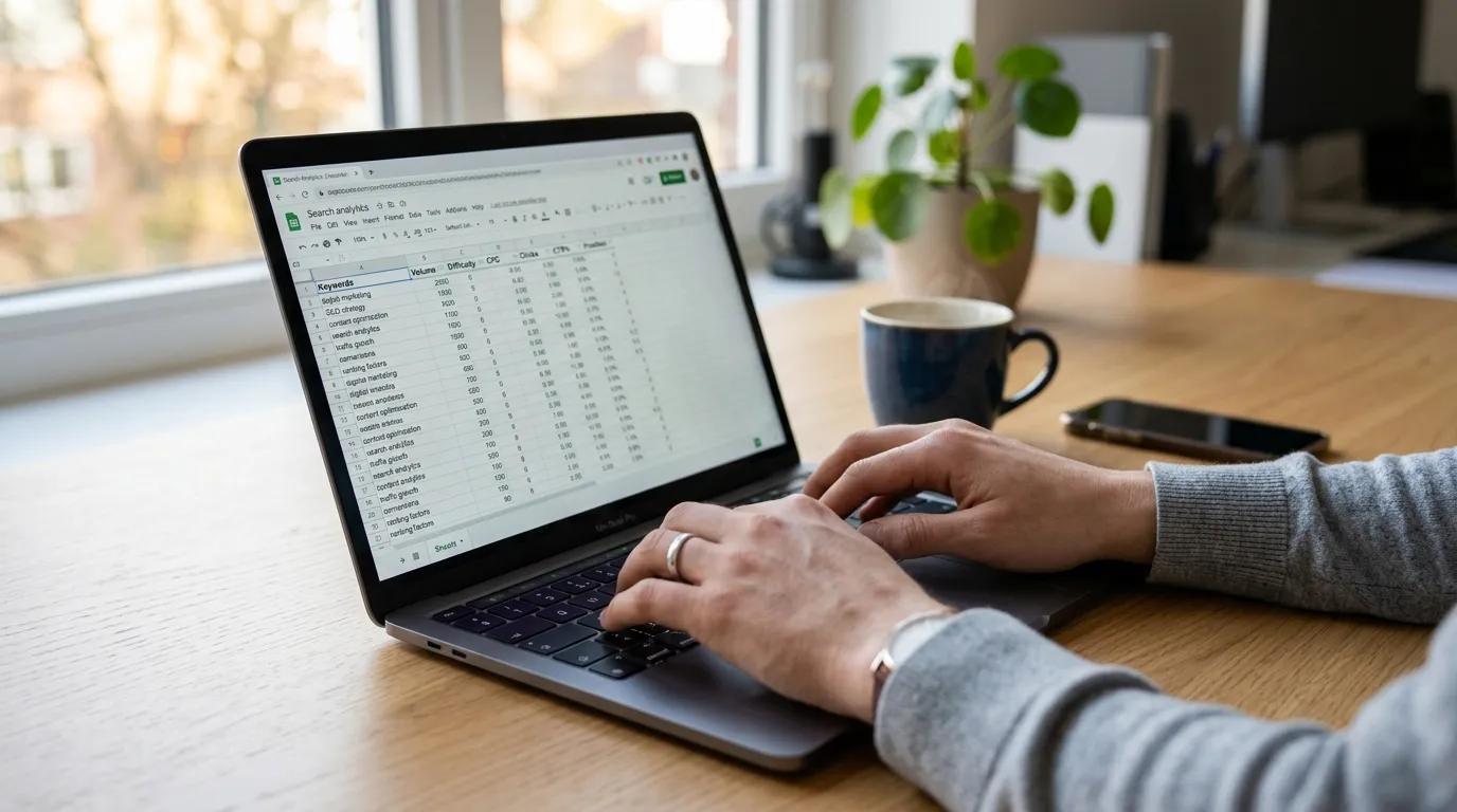 Amazon seller analyzing search term report spreadsheet with keyword data highlighted