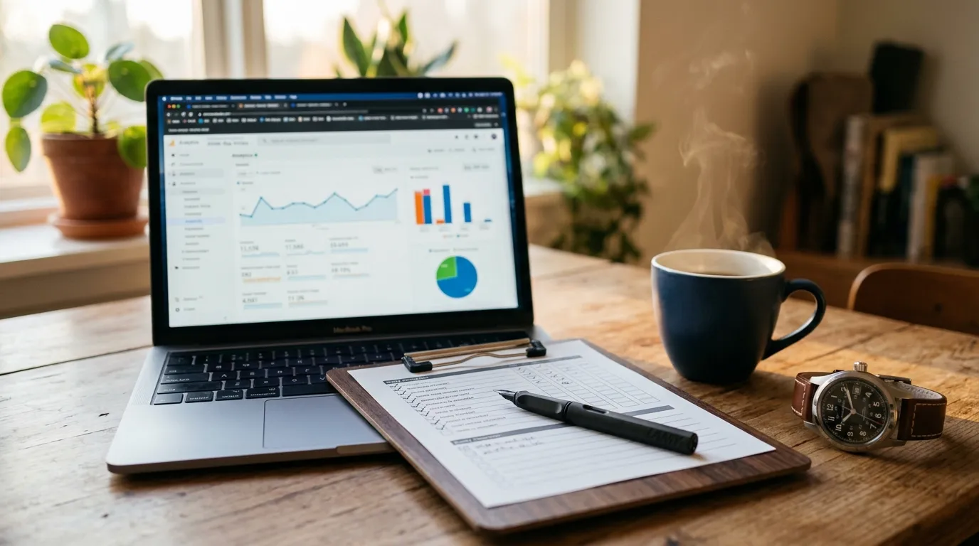 Laptop showing Seller Central dashboard, notebook and coffee cup — the daily FBA routine