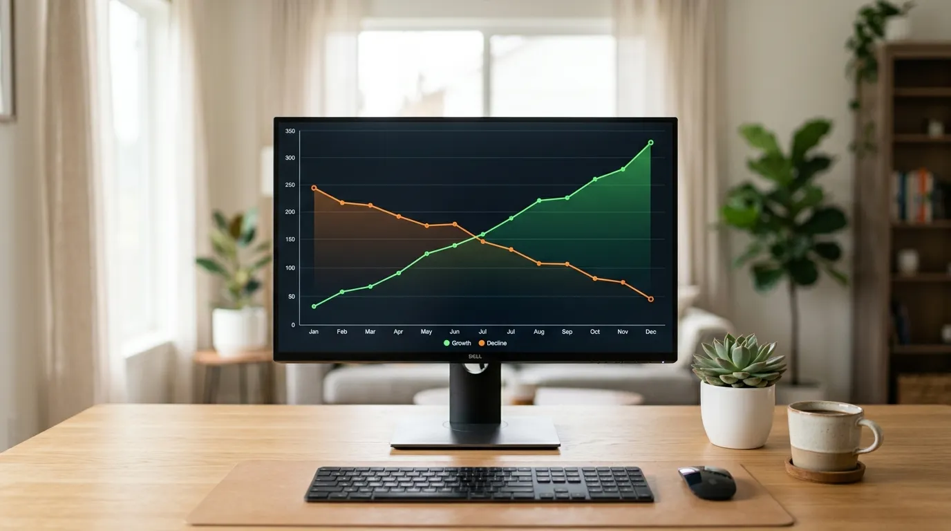 Split screen with Amazon advertising dashboard and total revenue graph side by side on a monitor