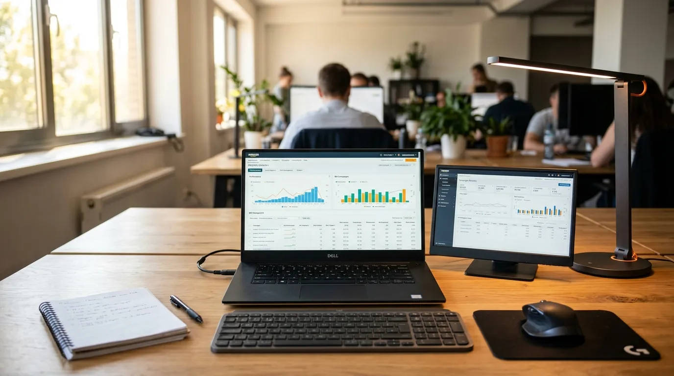 Amazon PPC tools comparison dashboard on a laptop with advertising charts and metrics