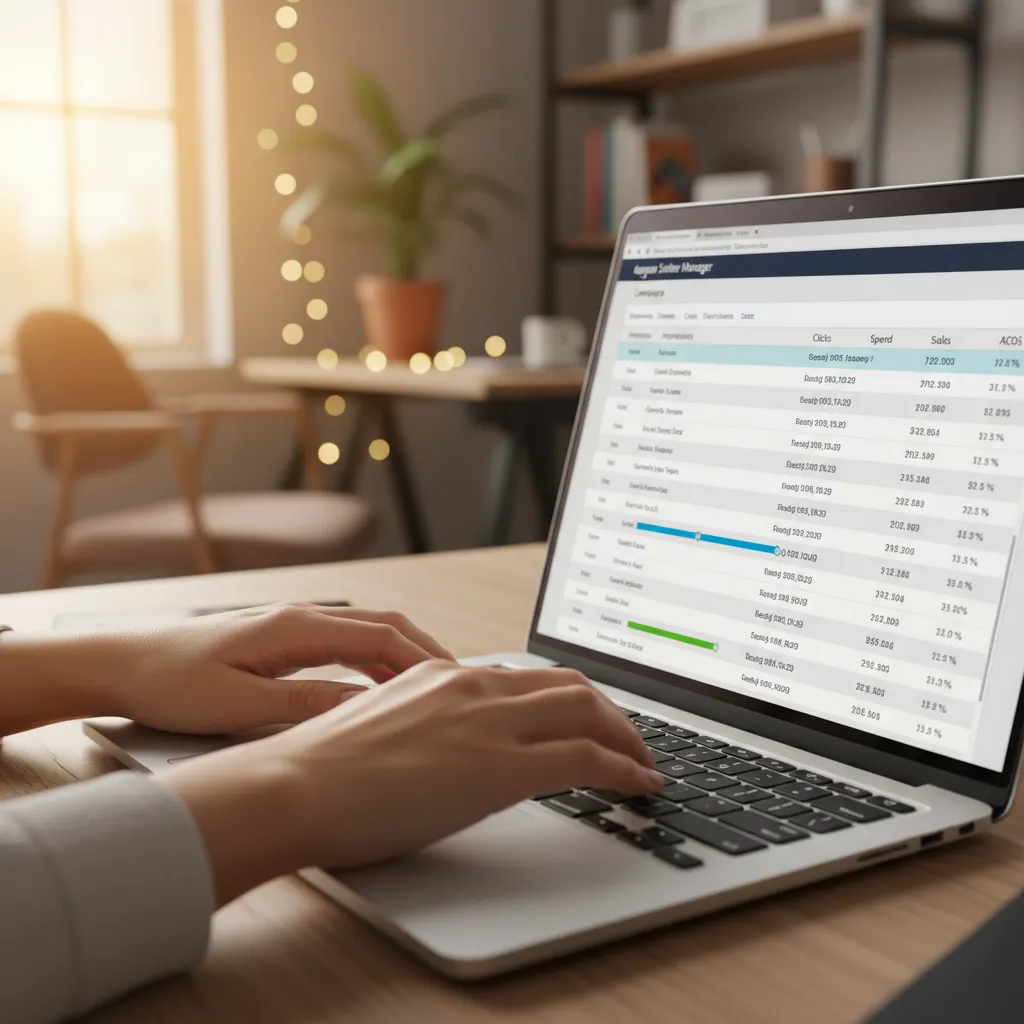Hände tippen auf einer Laptop-Tastatur mit Amazon PPC Kampagnen-Dashboard im Hintergrund
