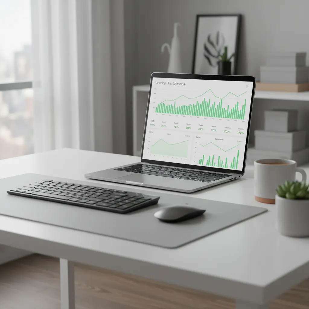 Laptop showing Amazon PPC campaign analytics with upward-trending performance graphs on a clean modern desk