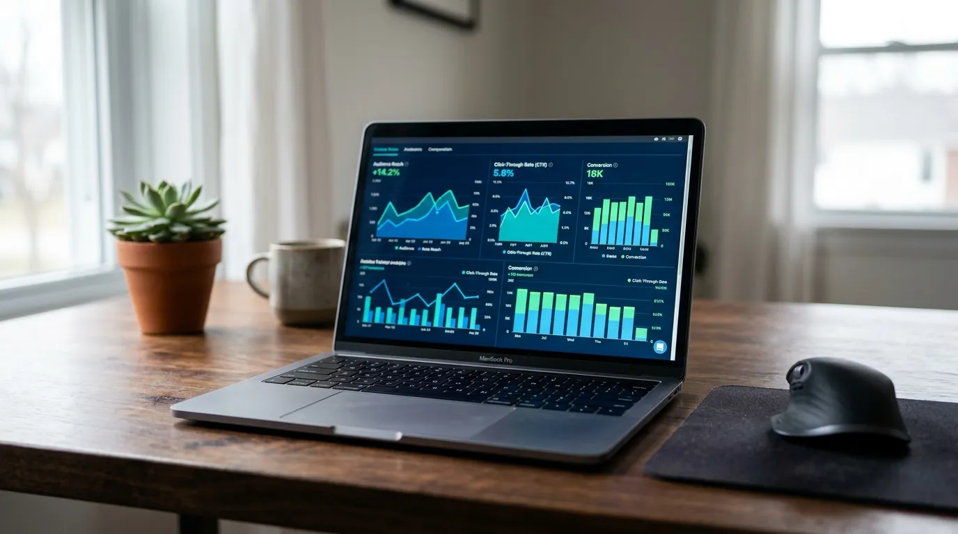 Amazon PPC dashboard on a laptop next to a second screen showing advertising analytics