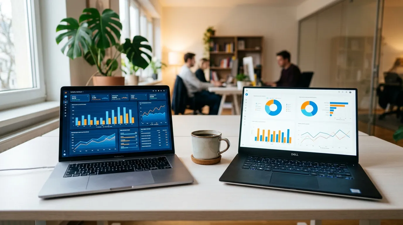 Two laptop screens showing Amazon PPC dashboards side by side on a desk