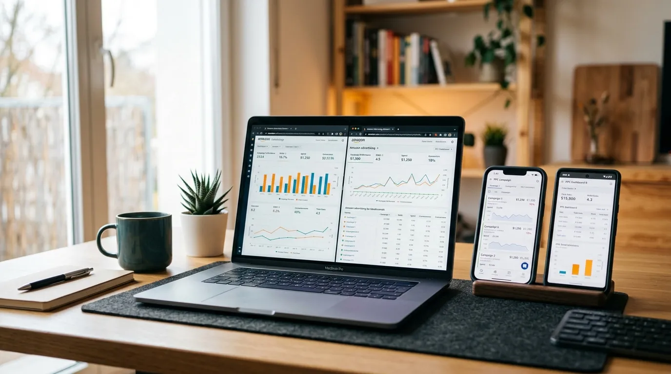 Laptop showing Amazon PPC analytics dashboard on a clean desk