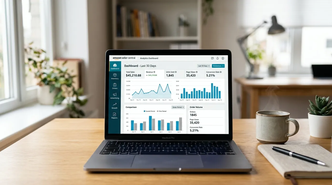 Amazon seller tools comparison on a laptop screen with product research and PPC dashboards