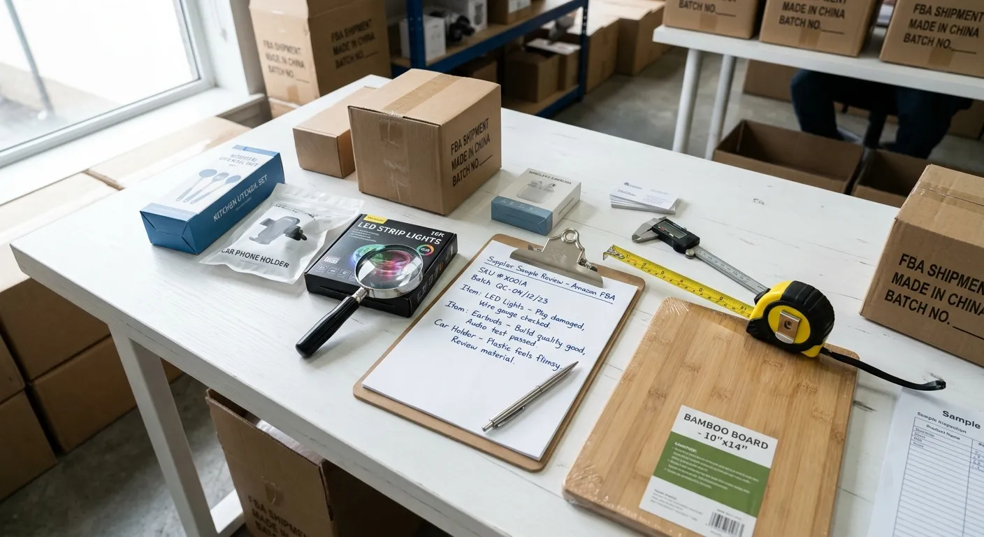 Product samples on a desk during quality inspection — samples from Chinese suppliers for Amazon FBA