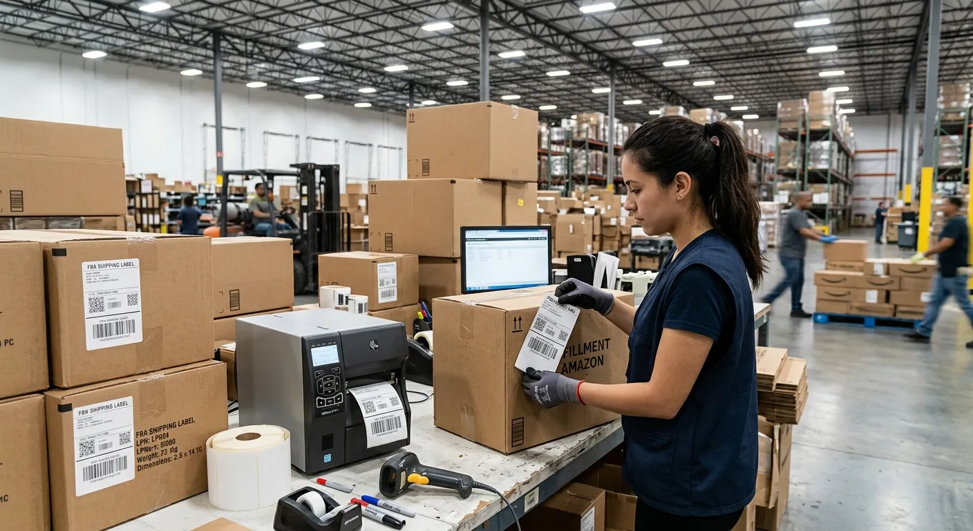 Prep center with FBA labeling — cartons being labeled with FNSKU stickers and prepared for shipment to Amazon warehouse