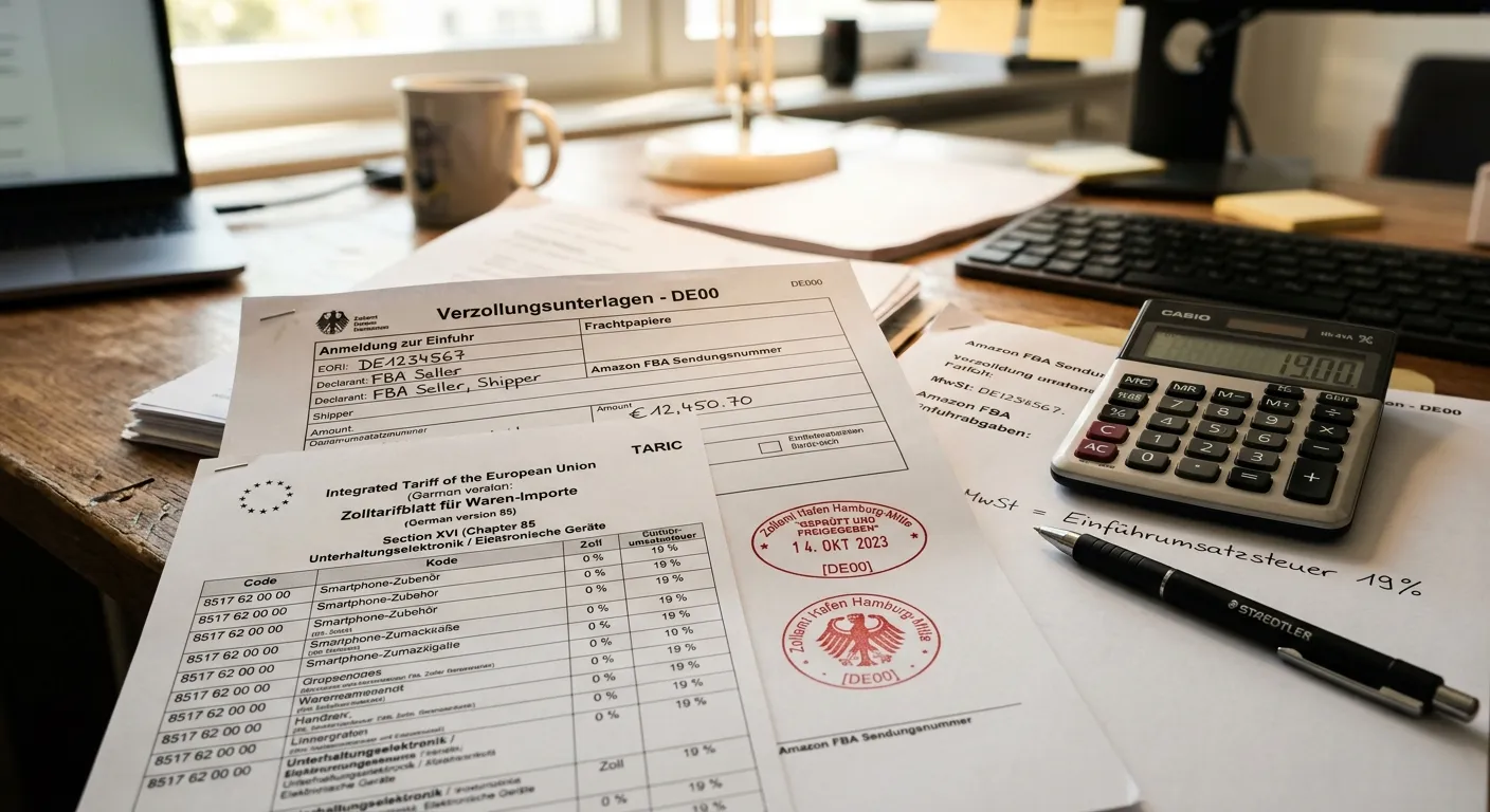 Customs documents and tariff code reference on a desk — import duties and VAT for Amazon FBA