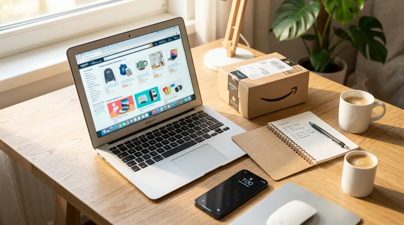 Рабочее место с ноутбуком, блокнотом и коробками Amazon FBA