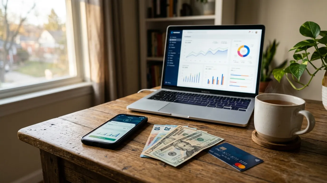 Ноутбук с банковским приложением и смартфон с Payoneer на рабочем столе