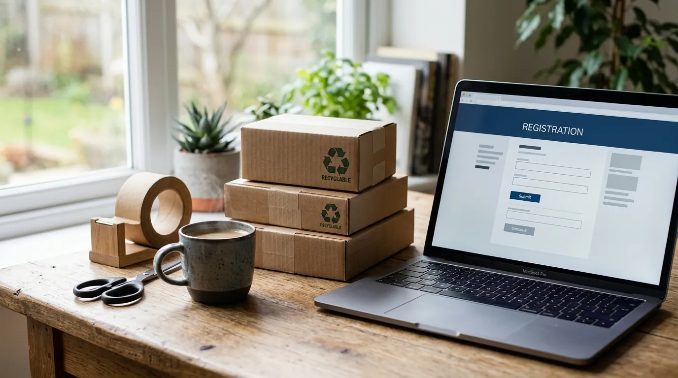 Laptop showing the LUCID packaging register portal — step-by-step registration