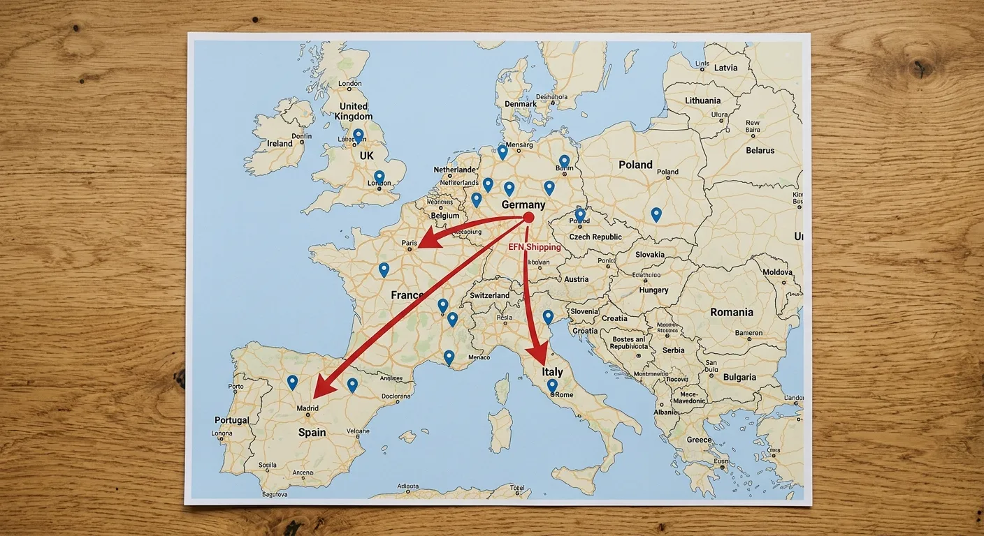 Map of Europe showing shipping routes — EFN from one location vs. Pan-EU with distributed warehouses across multiple EU countries
