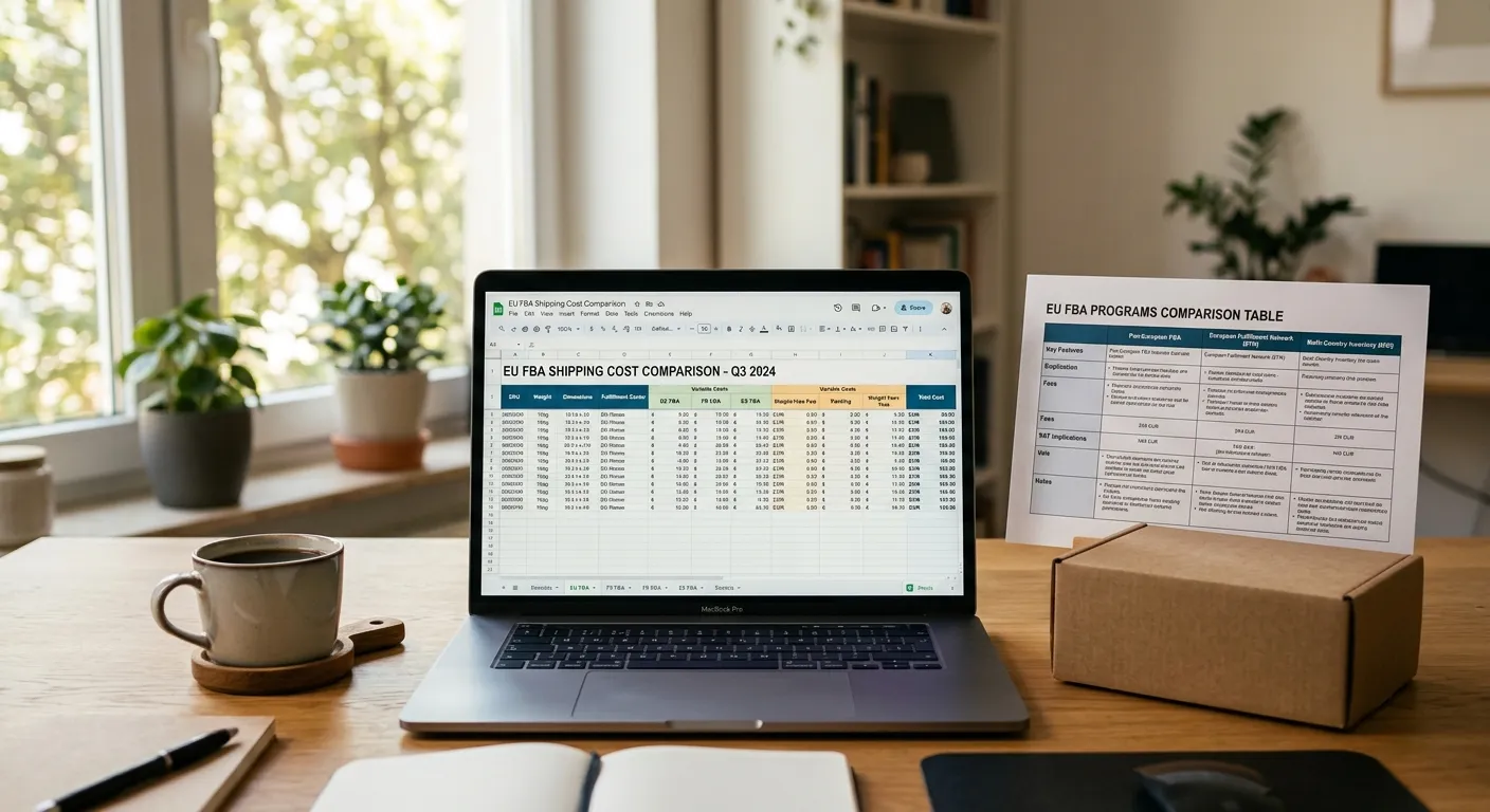 Shipping cost calculation on a laptop — EFN vs Pan-EU cost comparison for Amazon FBA in Europe